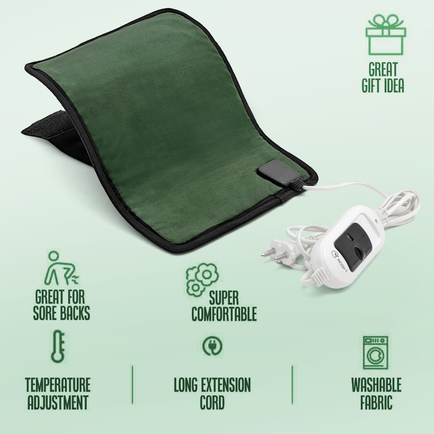 RCSP Orthopaedic Electric Heating Pad for Back Pain Relief, Fast Heating Technology Heating Belt with Temperature Controller for Lower Back, Knee, Shoulder, Cramps, and Neck 30cm X 23cm GREEN