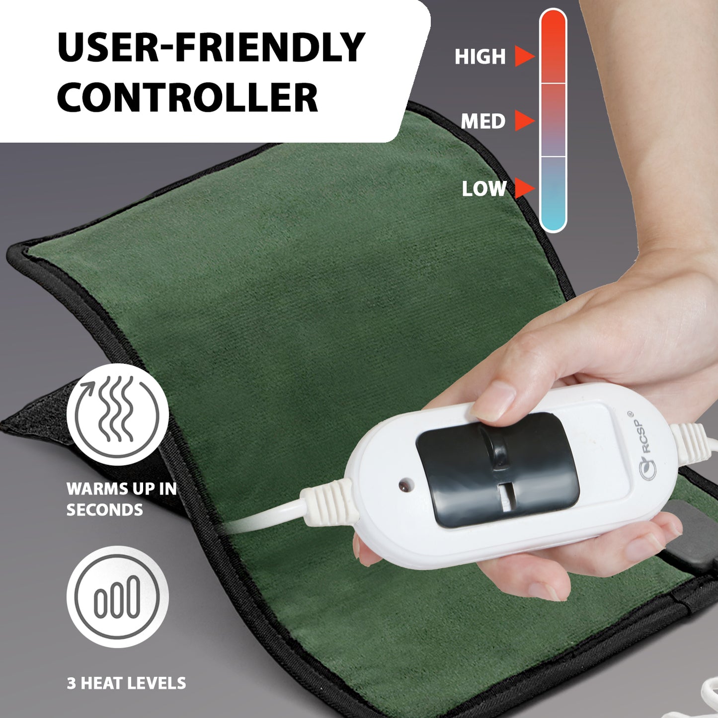 RCSP Orthopaedic Electric Heating Pad for Back Pain Relief, Fast Heating Technology Heating Belt with Temperature Controller for Lower Back, Knee, Shoulder, Cramps, and Neck 30cm X 23cm GREEN