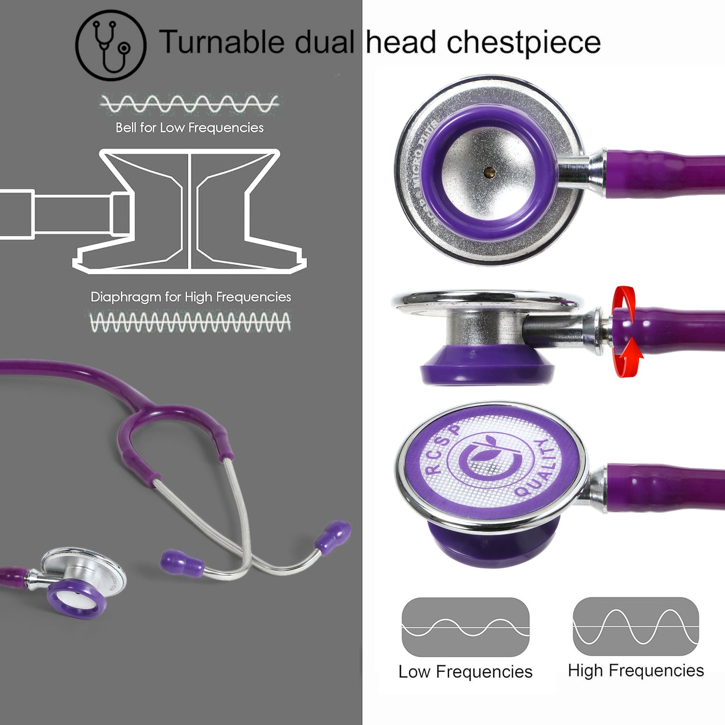 RCSP Stethoscope for Medical Students and Doctors | Micro Plus Acoustic Waterproof Lightweight | Chest Piece with Flexible Latex Free Tube & Soft Sealing Ear Knobs, Purple