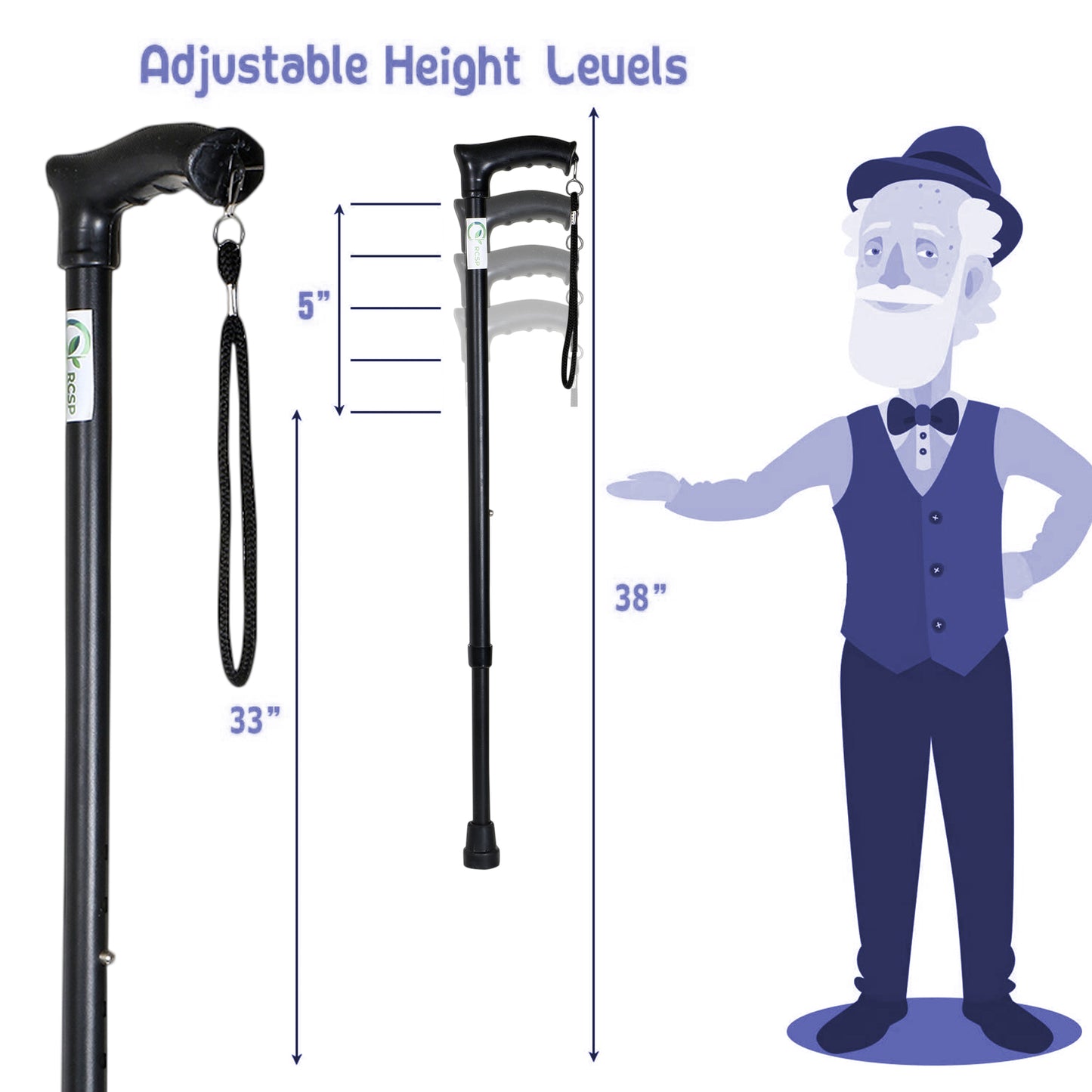 RCSP Adjustable Walking Stick with Ergonomic Handle, Anti- Skid Surface Unisex Old People with Non-Slip Grip Black