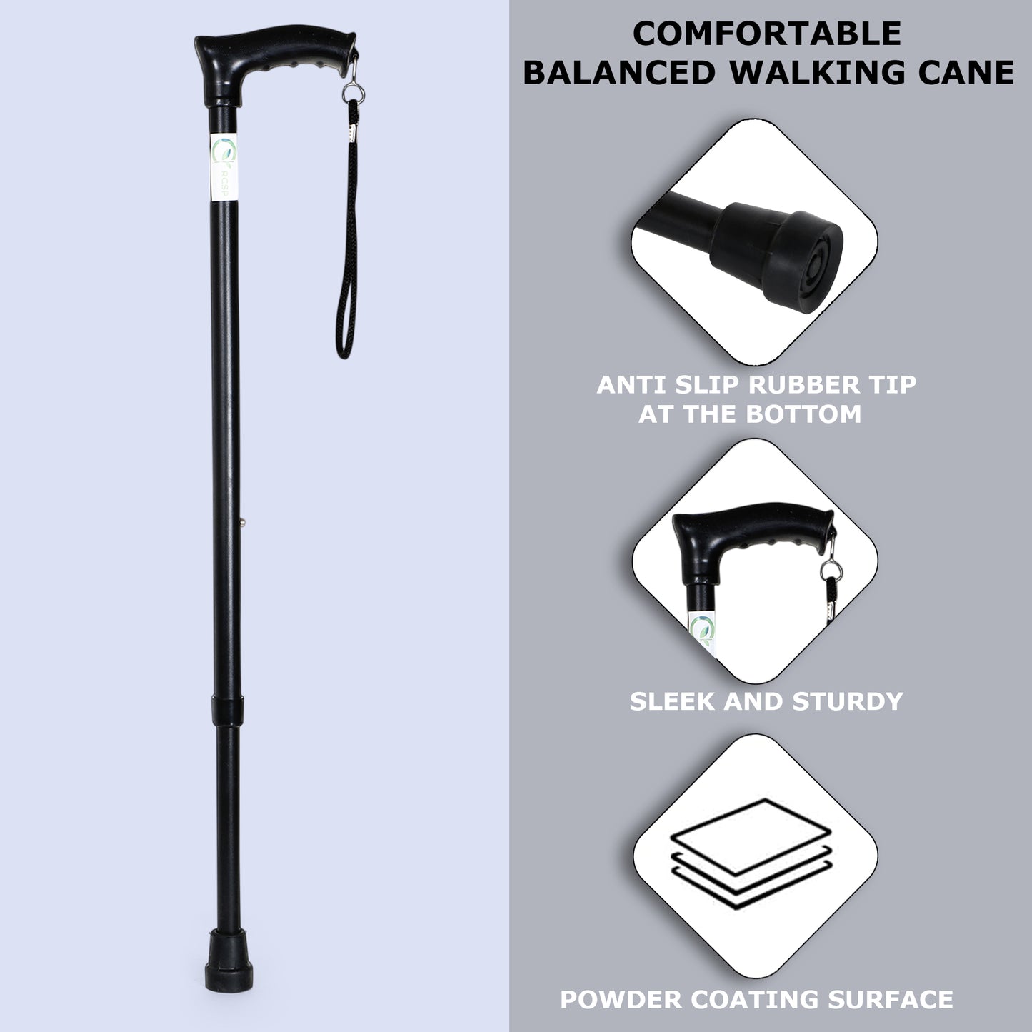 RCSP Adjustable Walking Stick with Ergonomic Handle, Anti- Skid Surface Unisex Old People with Non-Slip Grip Black