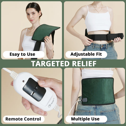 RCSP Orthopaedic Electric Heating Pad for Back Pain Relief, Fast Heating Technology Heating Belt with Temperature Controller for Lower Back, Knee, Shoulder, Cramps, and Neck 30cm X 23cm GREEN