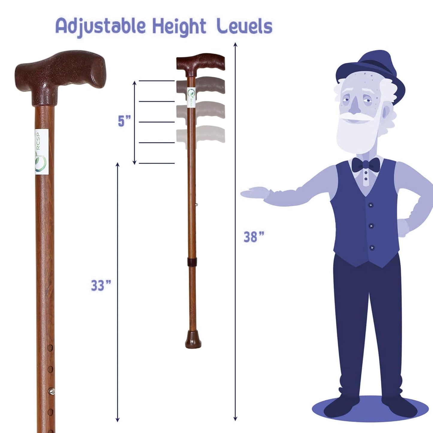 RCSP Walking Stick with Adjustable Hight Level for Old People, Strong Heavyduty Walking Cane with Non Slip Rubber Tip Base Comfortable Hand Grip | Portable Balancing Cane for Men Women