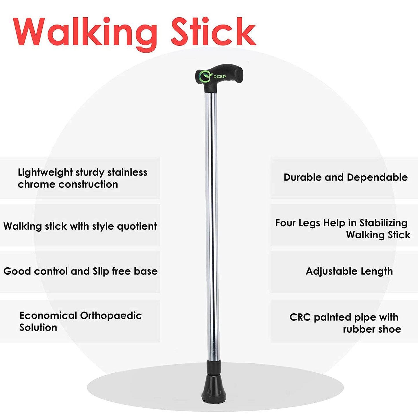 RCSP Walking Stick with Adjustable Hight Level for Old People, Strong Heavyduty Walking Cane with Non Slip Rubber Tip Base Comfortable Hand Grip | Portable Balancing Cane for Men Women Stylish Silver