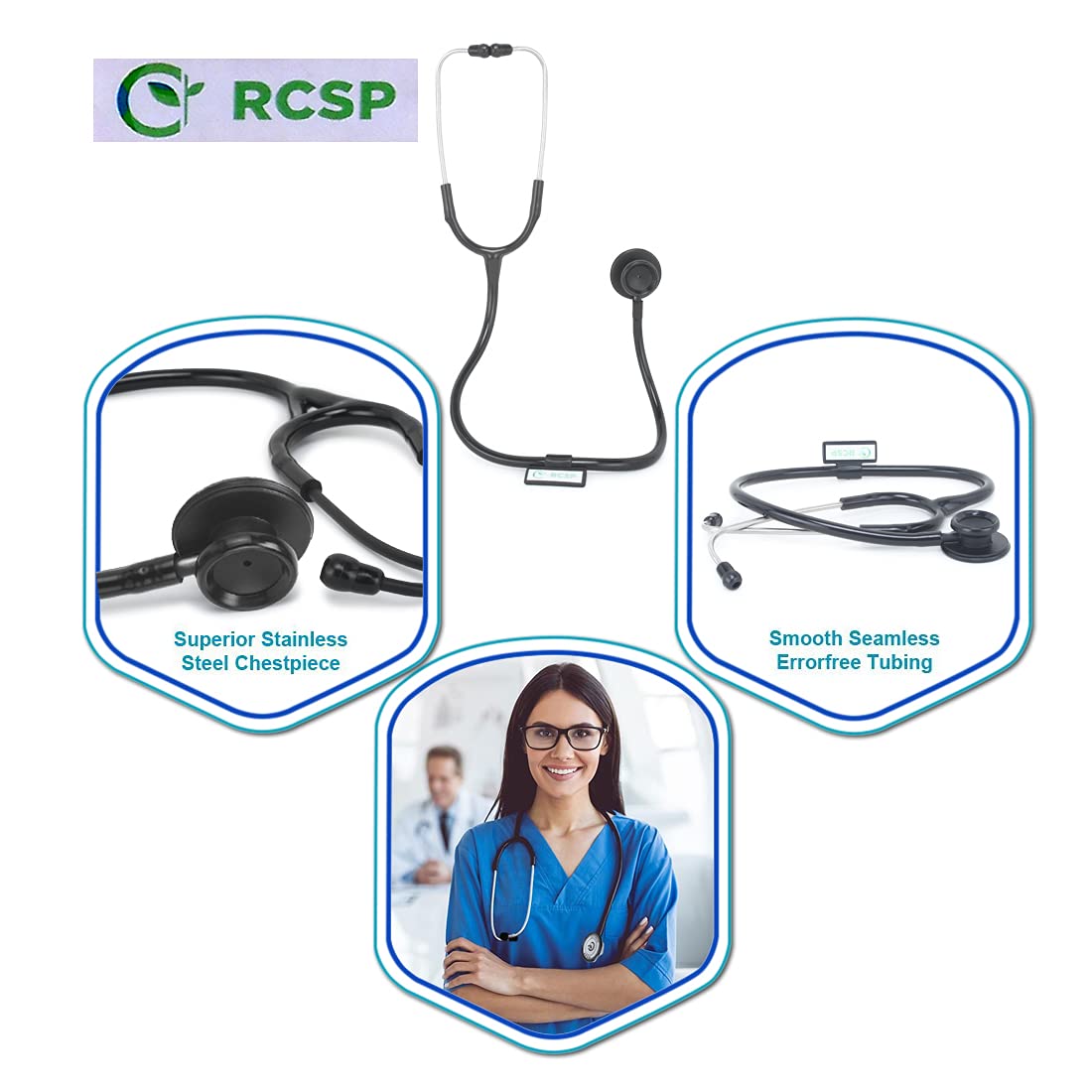 RCSP Stethoscope for Medical Students and Doctors | Micro Plus Acoustic Waterproof Lightweight | Chest Piece with Flexible Latex Free Tube & Soft Sealing Ear Knobs (BLACKCARE PLUS)