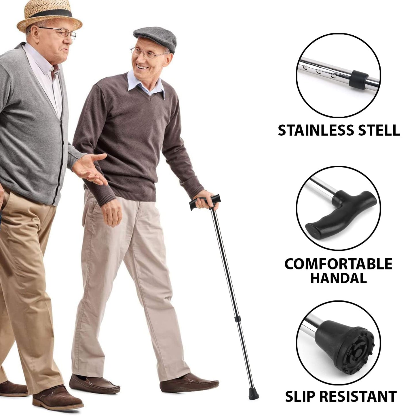 RCSP Walking Stick with Adjustable Hight Level for Old People, Strong Heavyduty Walking Cane with Non Slip Rubber Tip Base Comfortable Hand Grip | Portable Balancing Cane for Men Women Stylish Silver